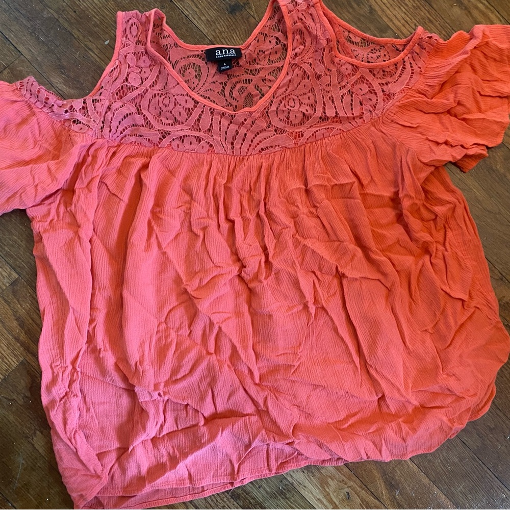 a.n.a Vibrant Coral Lace Cold Shoulder Blouse